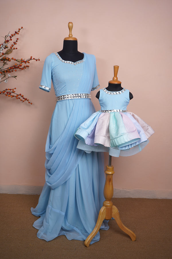 Sky Blue Georgette and Multi colour Georgette Mom and Daughter Combo