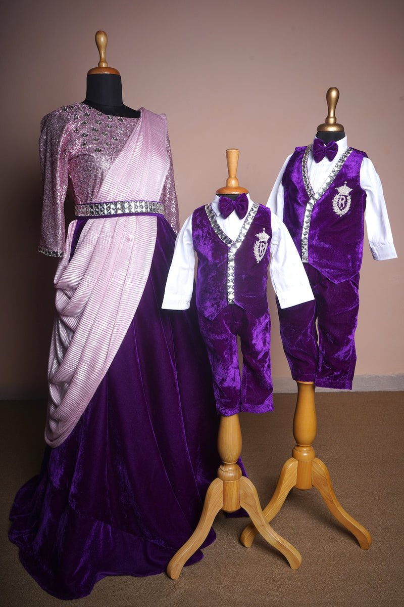 Violet Velvet and Pink Sequin and Foil Pleated  with Special Embroidery work and White Stone Belt Mom and Sons Combo