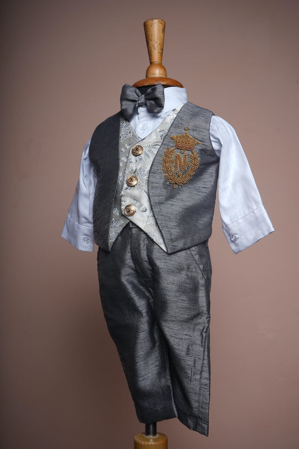 Grey Jaquard and Rawsilk with Special Embroidery Work in Boy kid Birthday Wear