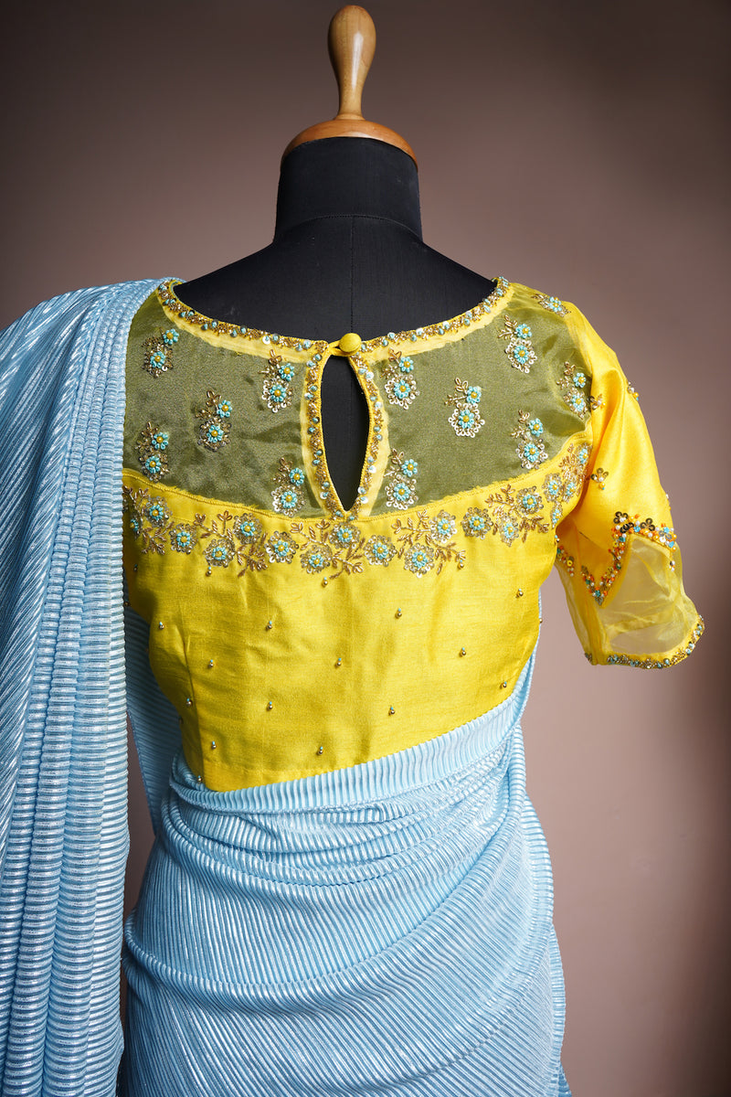 Yellow Rawsilk and Organza with Special Work in Womens Blouse