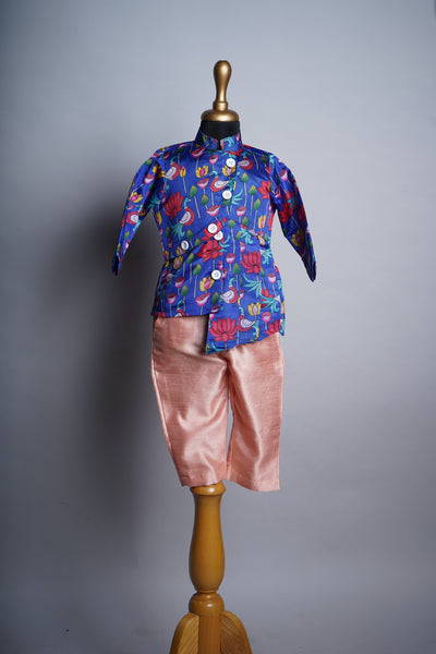 Blue Kalamkari and Peach colour Rawsilk in Boy Kid Dress