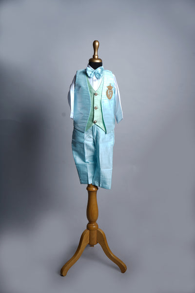 Sky Blue Rawsilk with Crown work in Boy Kid Birthday Dress