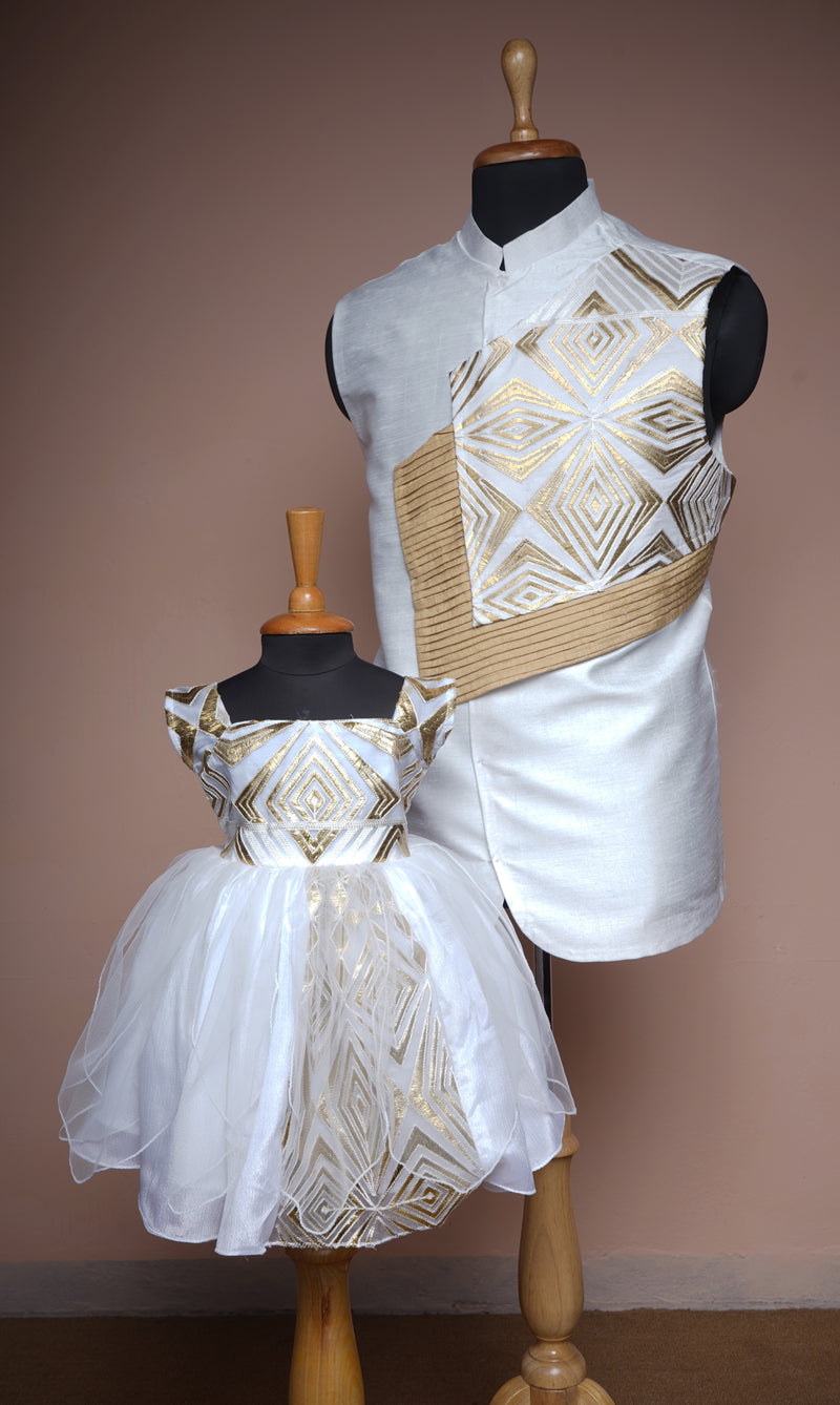 White Satin and Rawsilk with Gold Design Kali Fabric Dad and Daughter Combo Set