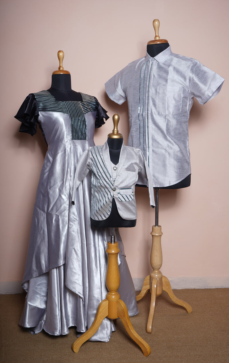 Silver Satin and Rawsilk with Metal Stripes work in Family Clothing