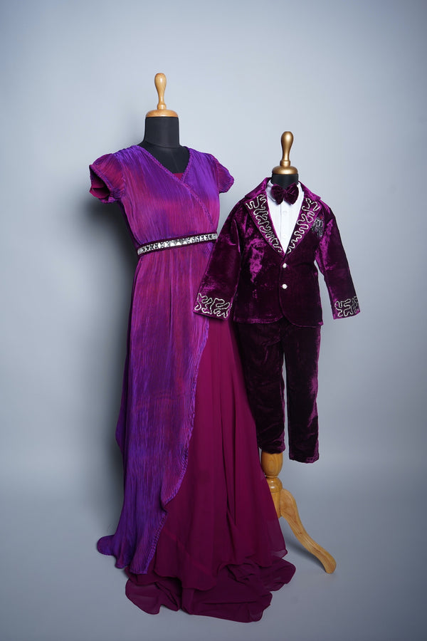 Dark purple Pleated  and Velvet with Special embroidery and Stone work in Mom and Son Combo