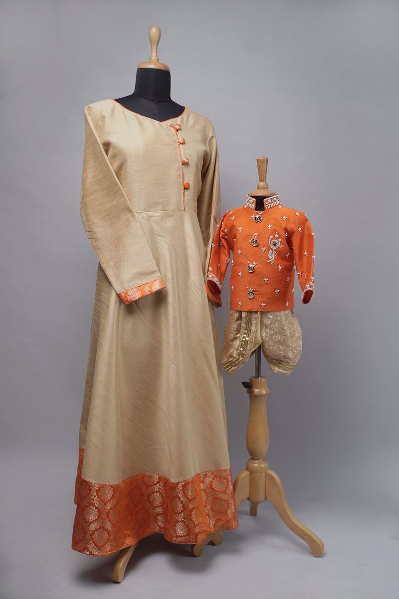 Orange with Gold Aari Worked  Birthday  Mom and Son Combo Matching Set
