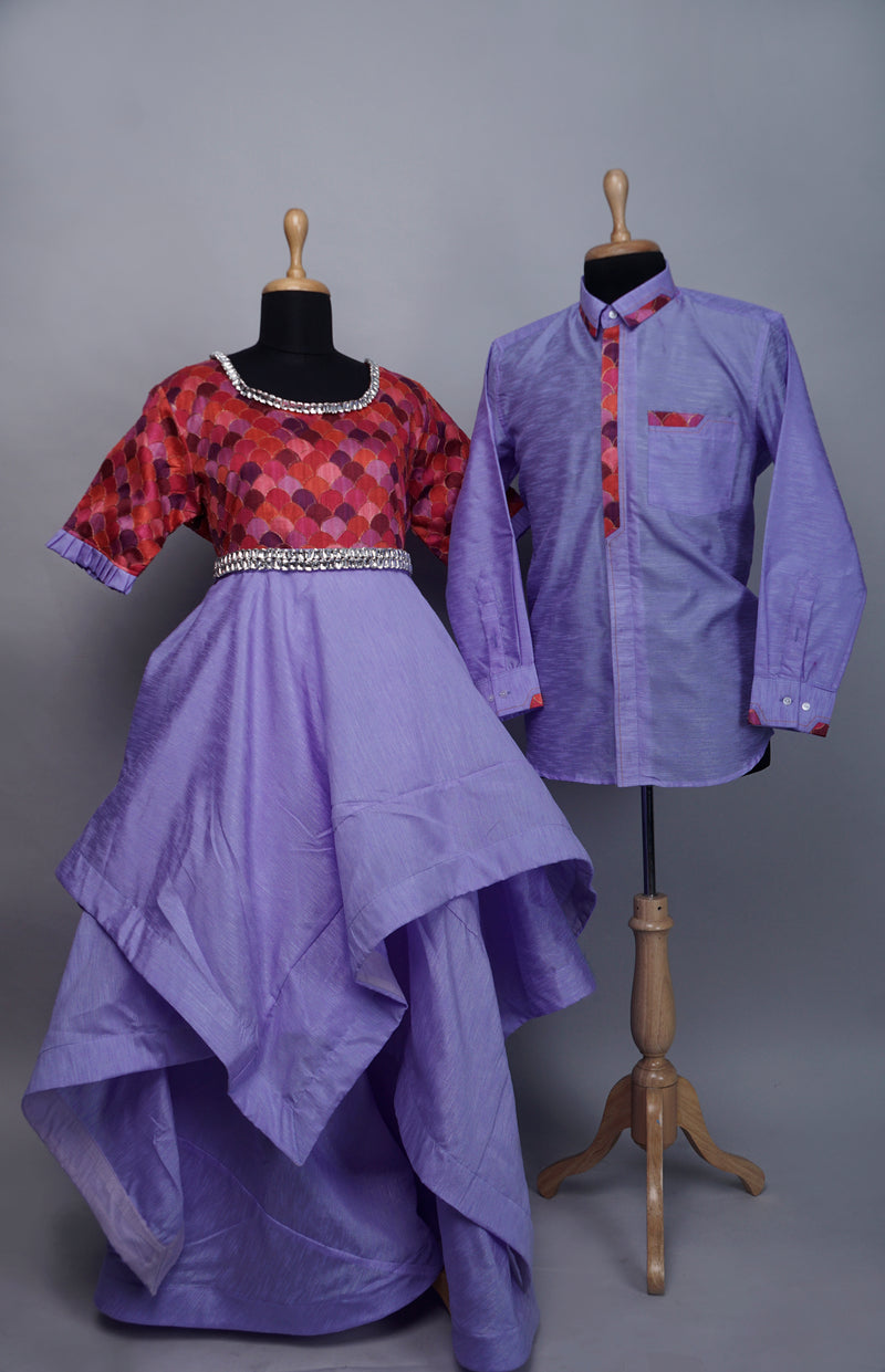 Lavender with Red Position Embroidered Couple Combo Matching Set