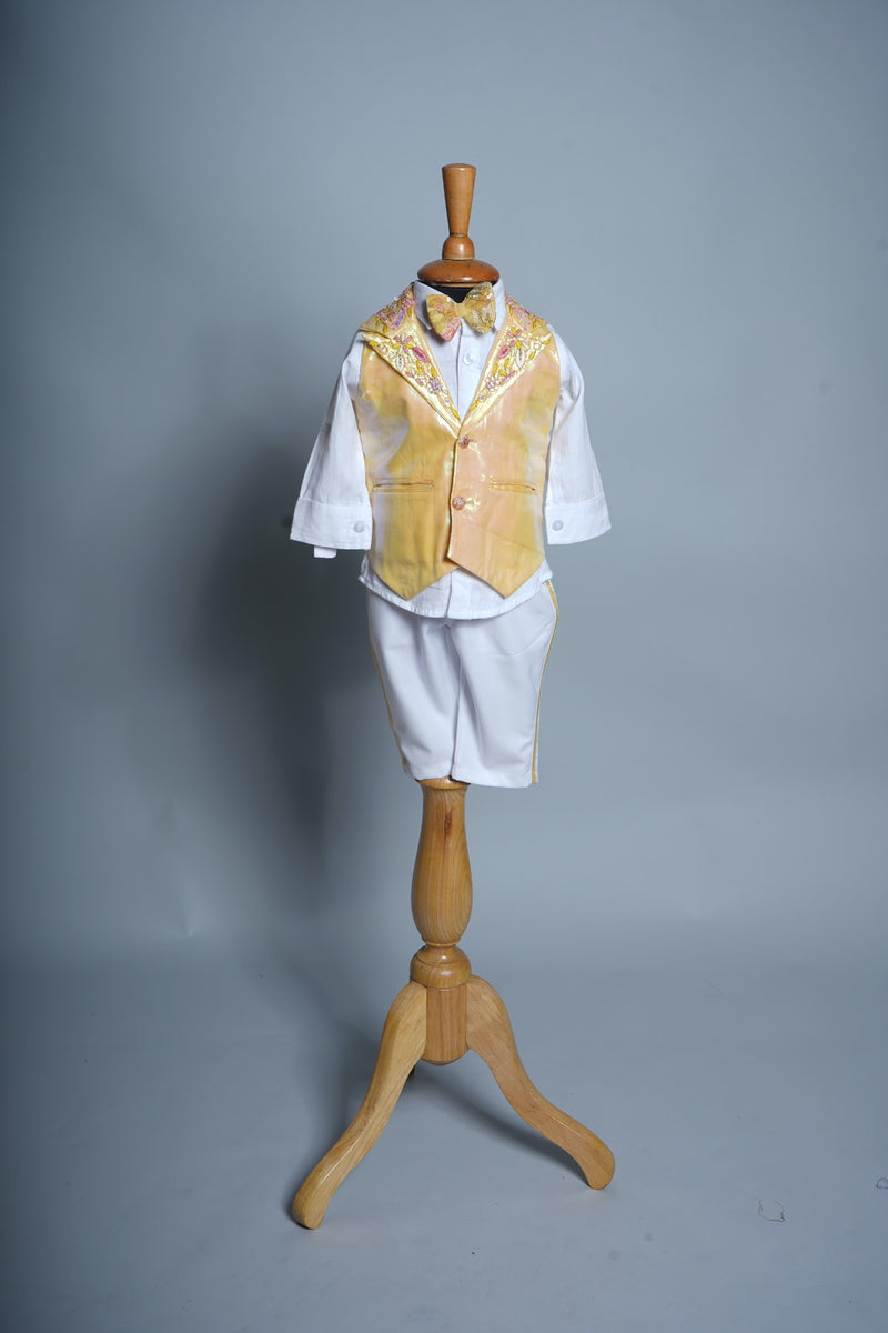 Yellow Silk Organza and White Cotton with Special Embroidery work in Boy kid Birthday Dress