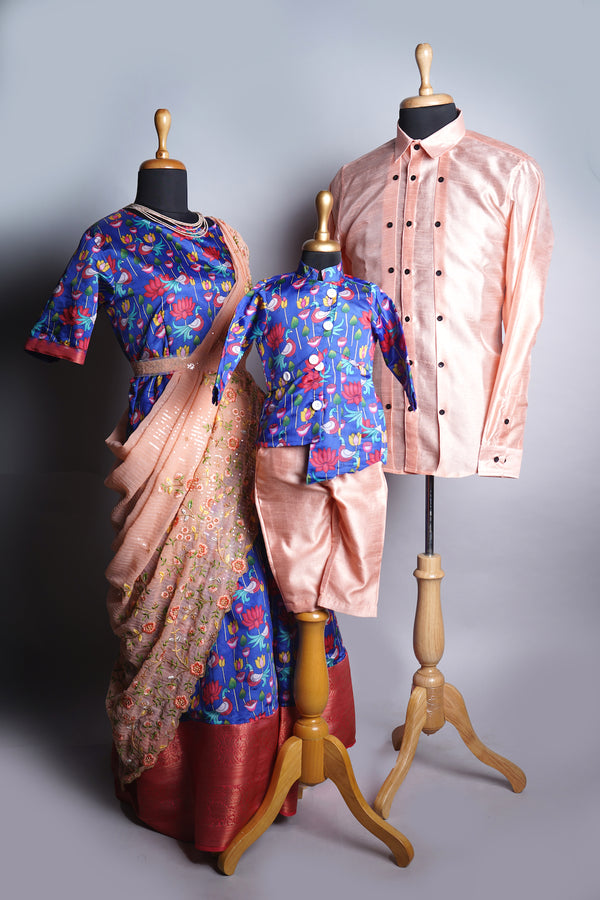 Blue Kalamkari and Peach colour Rawsilk Family Combo