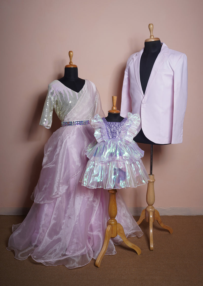 Light Pink Glass Organza and Dual Colour Sequin and White Stone Belt Family Clothing