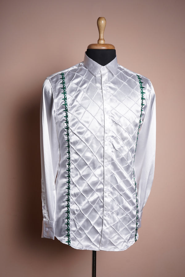 White Satin Mens Shirt with Special Embroidery work and Special Pleated Design
