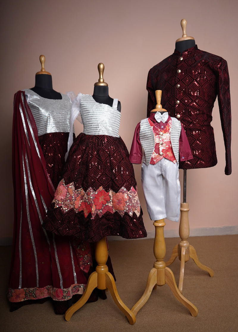 Maroon Sequin Embroiderded Velvet and Embroidered Kali and Plain Georgette with Special Stone work in Family Clothing