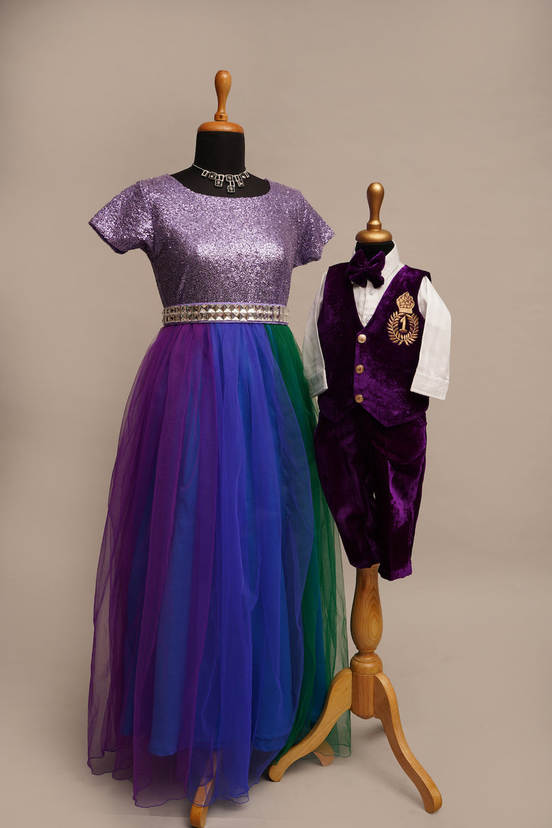 Lavender Sequin and Dark Purple Velvet with Speacial Crown work in Mom and Son Combo