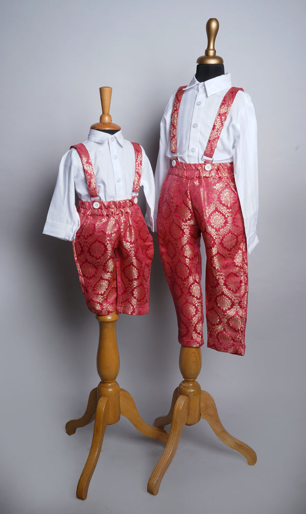 White Cotton and Red Brocade Suspender Siblings Combo