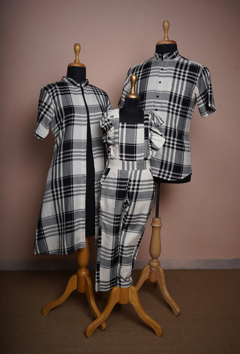 Black Checked Half White Cotton Summer Family Clothing