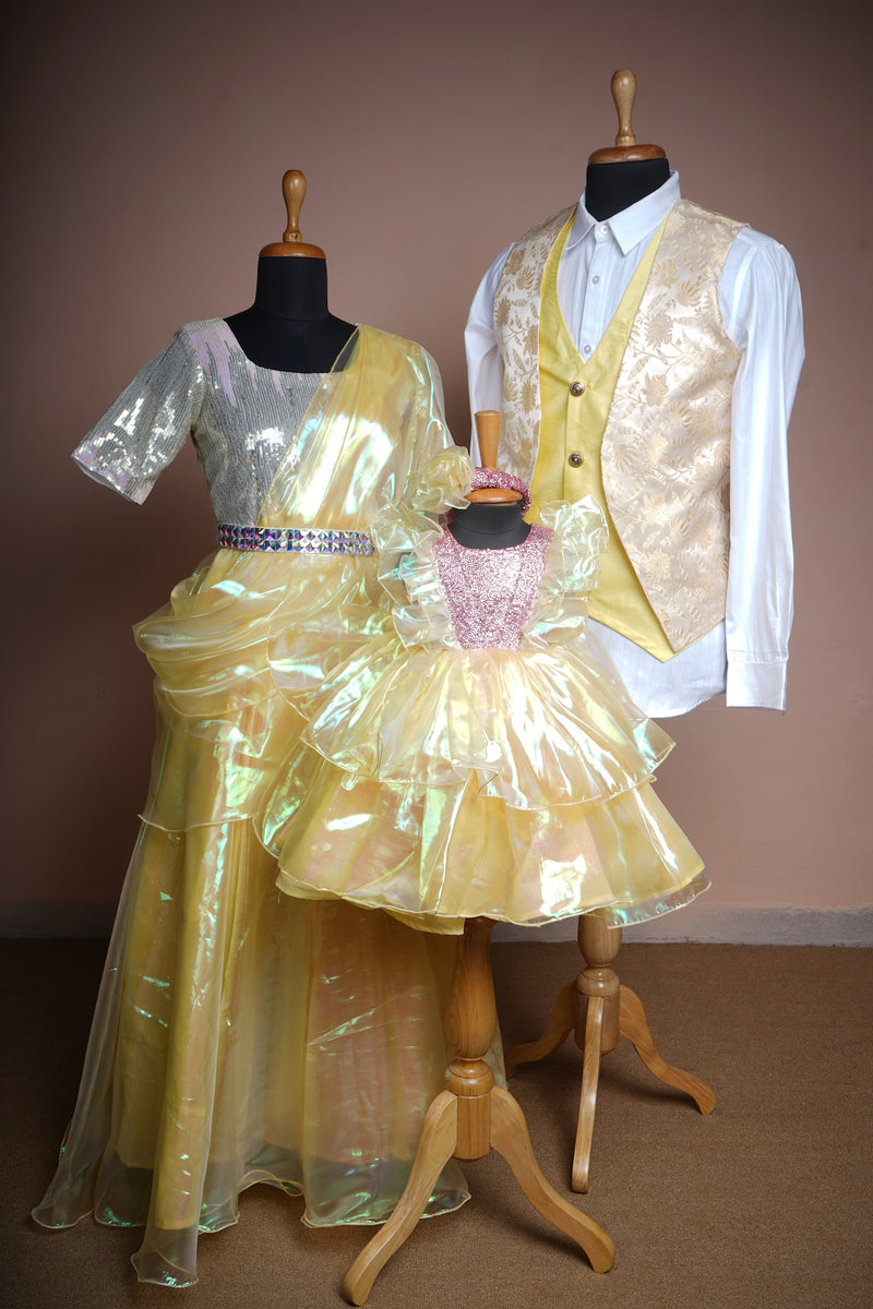 Yellow Jaquard and Silk organza and Sequin with Stone Belt Family Clothing