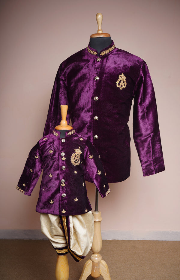 Purple Velvet with Special Embroidery work in Dad and Son Combo