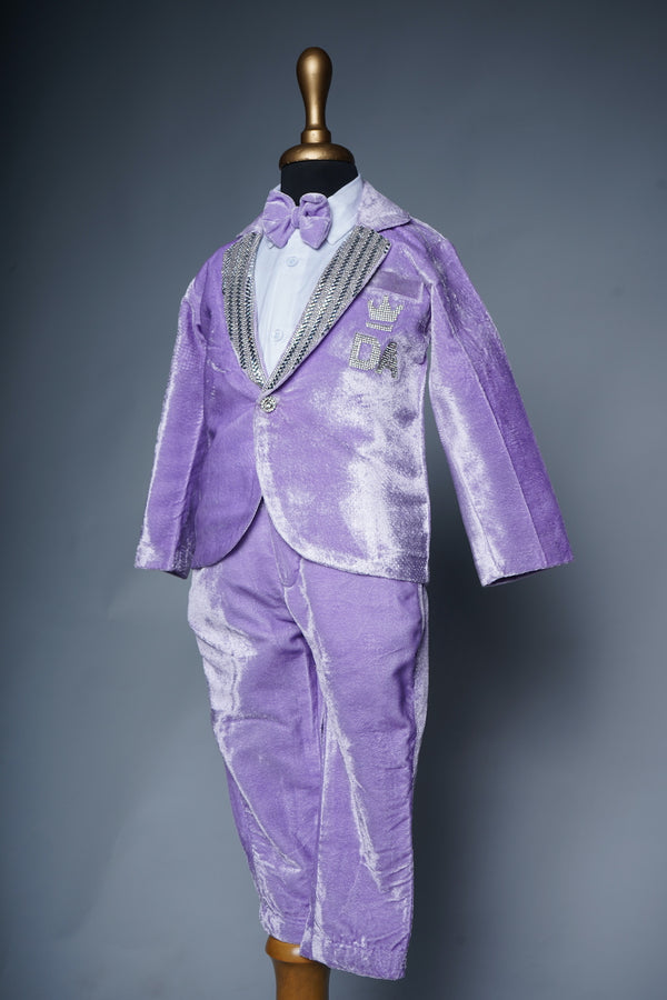 Lavender Velvet with Special Stone Patch Work in Boy kid Birthday Suit