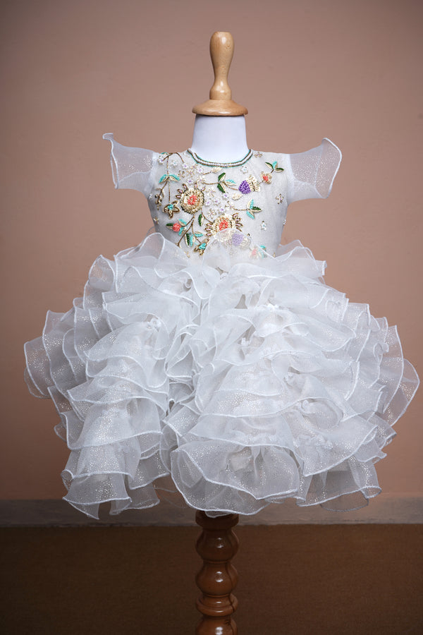 White Glitter Organza with Special Embroidery Work in Girl kid First Birthday Wear