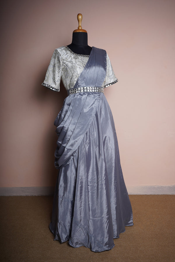 Grey Jaquard and Chinon with Special White Stone Belt in Womens Reception Wear