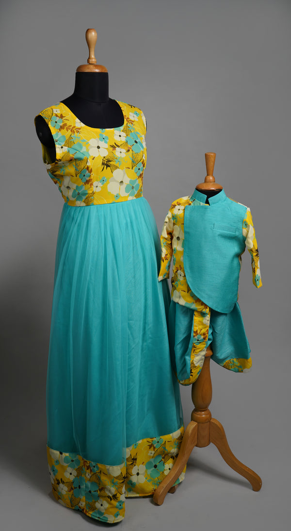Yellow Floral Printed Georgette and Aqua Green Rawsilk and Plain Net Mom and Son Combo