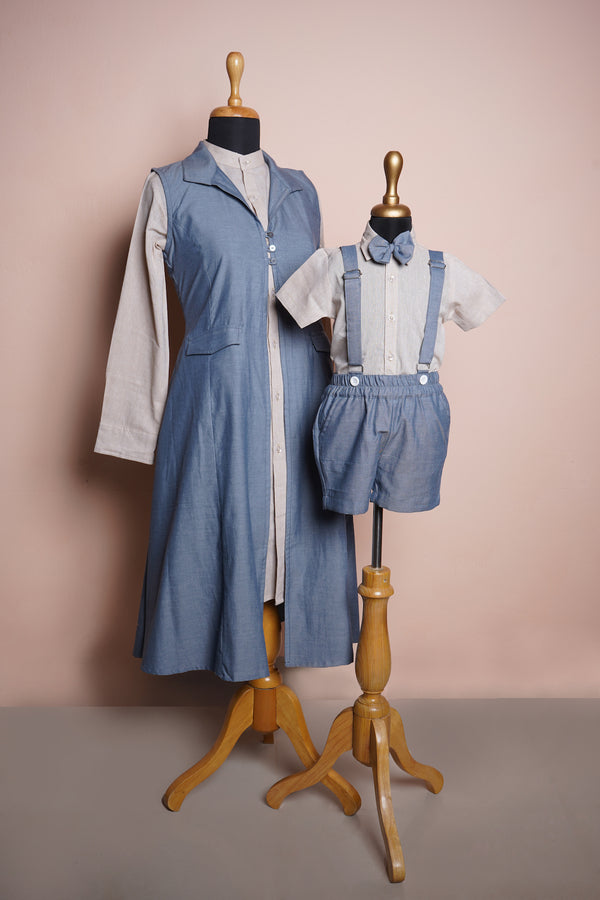 Light Blue and Peach Clour Cotton Mom and Son Combo Set