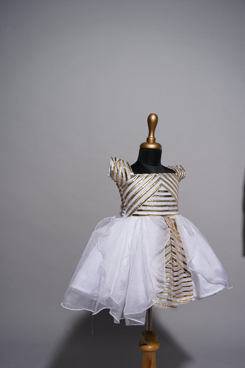 White and Gold Stripes Kali in Girl Kid Birthday Dress