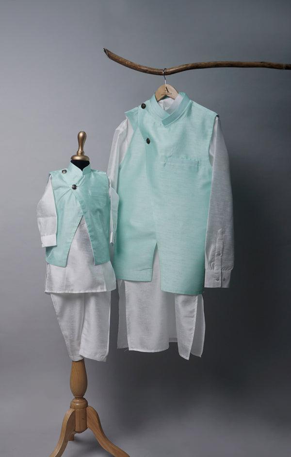 Aqua Green with White Dad and Son Combo Matching Set