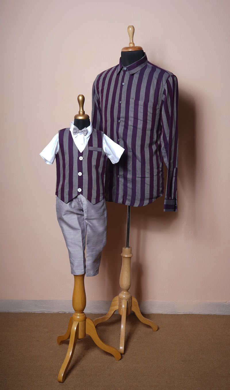 Grey and Purple Stripes Cotton Combo for Dad and Son Combo