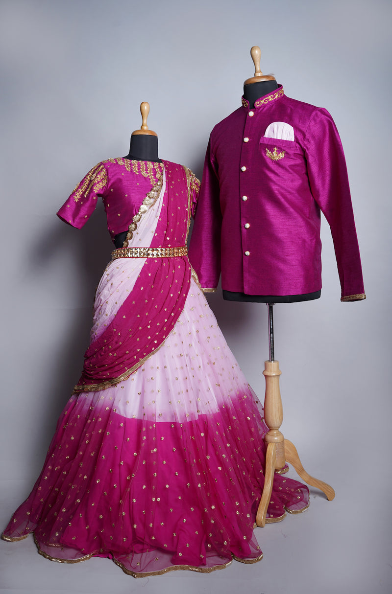 Dark Purple and Light Pink Rawsilk and Butta net with Speacial Embroidery work in Couple Clothing
