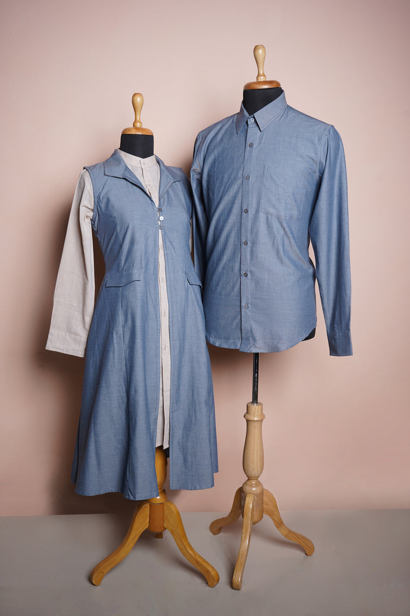 Light Blue and Peach colour Cotton Couple Clothing