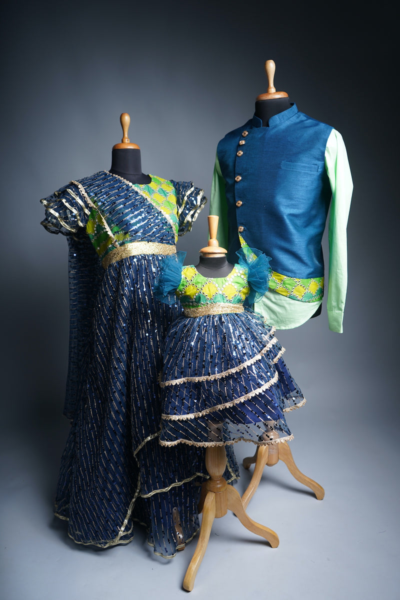 Navy Blue & Lime Green Family Outfit Set Saree Gown, Ruffle Dress & Ethnic Shirt Anveshana Clothing Navy Blue & Lime Green Family Outfit Set Saree Gown, Ruffle Dress & Ethnic Shirt Anveshana Clothing