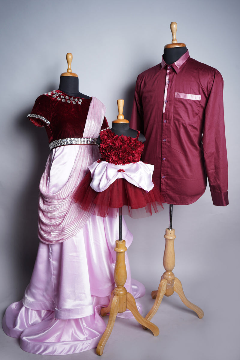 Maroon Velvet and Carvette and Pink Satin and Foil Pleated and Plain Net with Special Stone work in Family Clothing