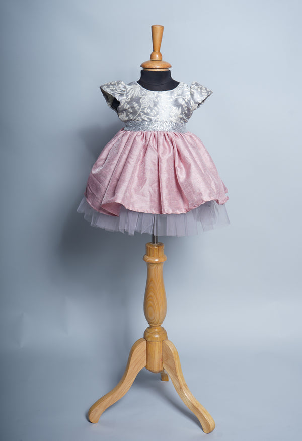 Pink Rawsilk and Grey Jaquard Girl kid Birthday Dress