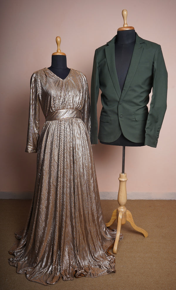 Bottle Green Suiting Fabric and Brown Foil Pleated Couple Clothing