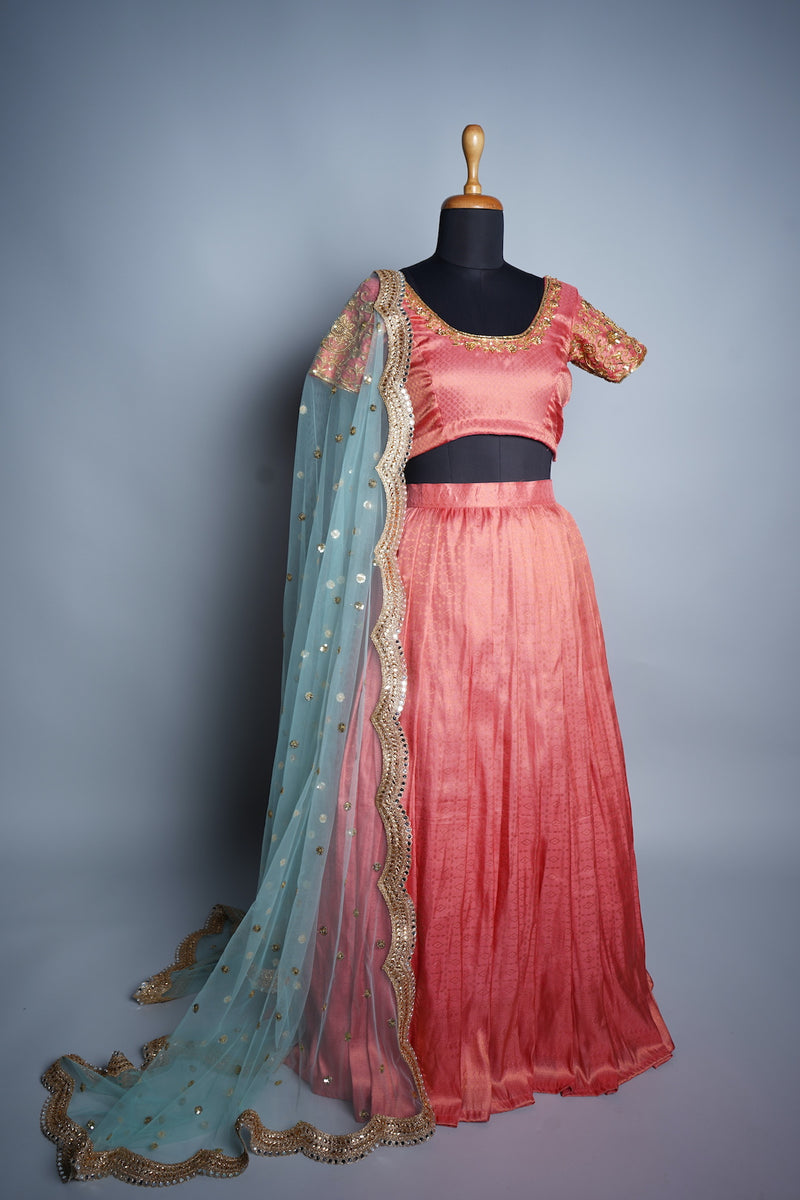 Pink Silk Material with Speacial Aari Work in Womens Lehanga Pattern with Butta Net Shawl