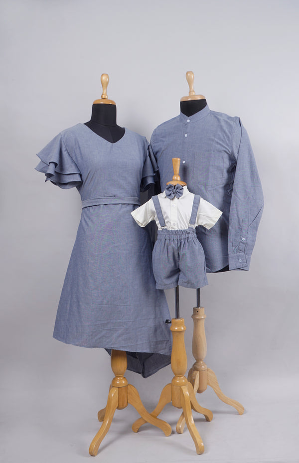 Bluish Grey Cotton Family Combo Matching Set