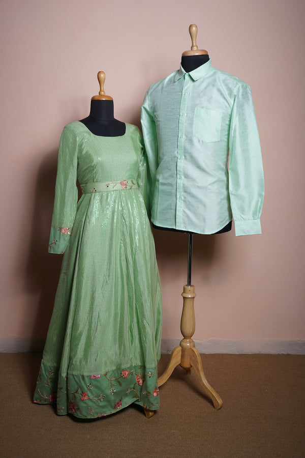 Light Green Sequin and Embroidery Fabric and Rawsilk Couple Clothing Combo Set