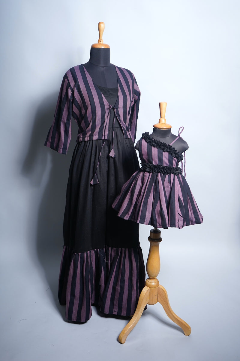 Black and Purple Stripes cotton Mom and Daughter Combo