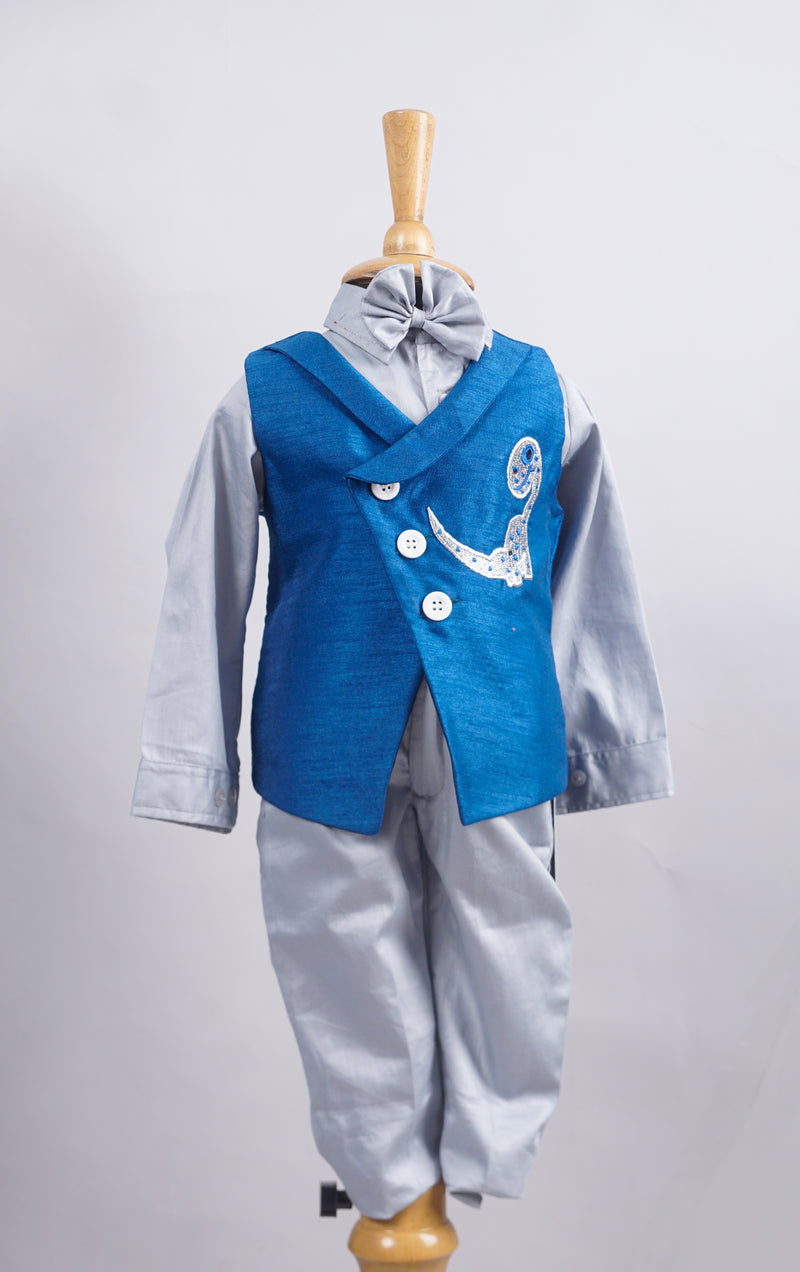 Blue with Grey Dino Embroidered Boy's Birthday Suits