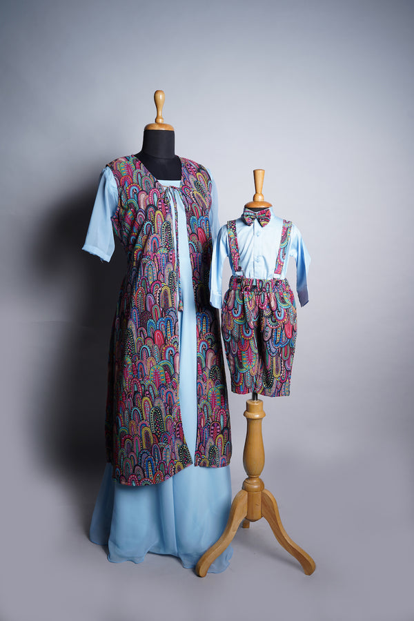 Printed Georgette and Plain Blue Georgette in Mom and Son Combo