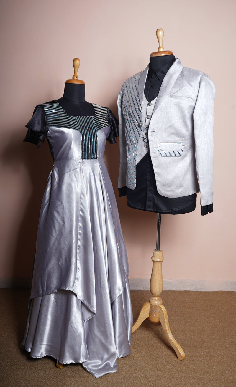 Silver Satin and Rawsilk with Special Metal Work in Couple Clothing