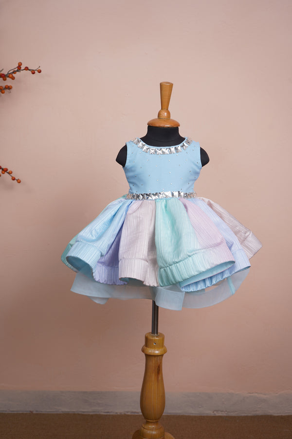 Sky Blue Plain Georgette With Multi Colour Georgette Girl kid Birthday Dress