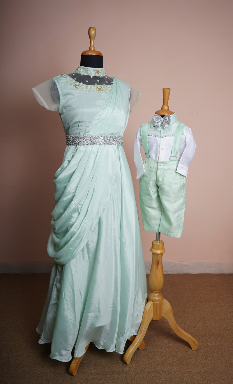Light Green Chinon and Rawsilk with Special Embroidery work and Stone Foil Patch work in Party Wear Mom and Son Combo