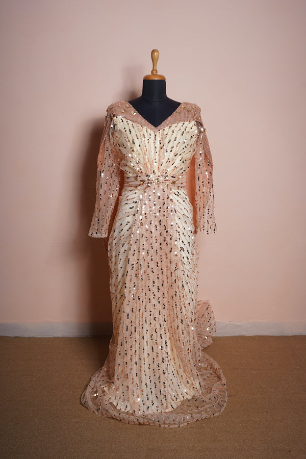 Peach Colour Sequin Net and Full Sequin Fabric With Stone work in Womens Reception Dress