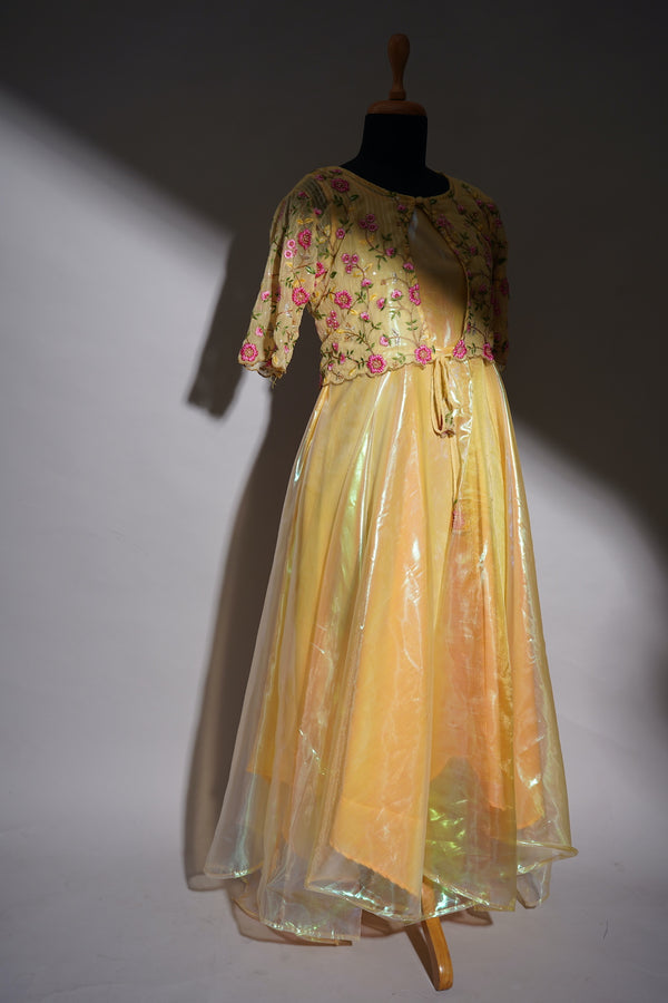 Yellow Embroidery Fabric and and Glass Fabric in Womens Dress
