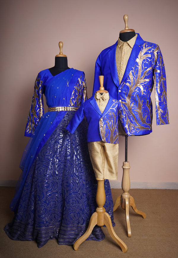 Cobalt Blue and Gold Rawsilk and Kali Fabric with Special Embroidery work in Family Clothing