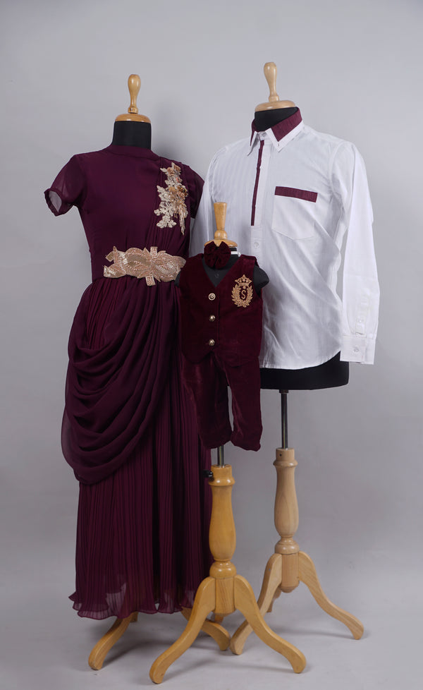 Maroon with White Semi Grand Family Combo Matching Set