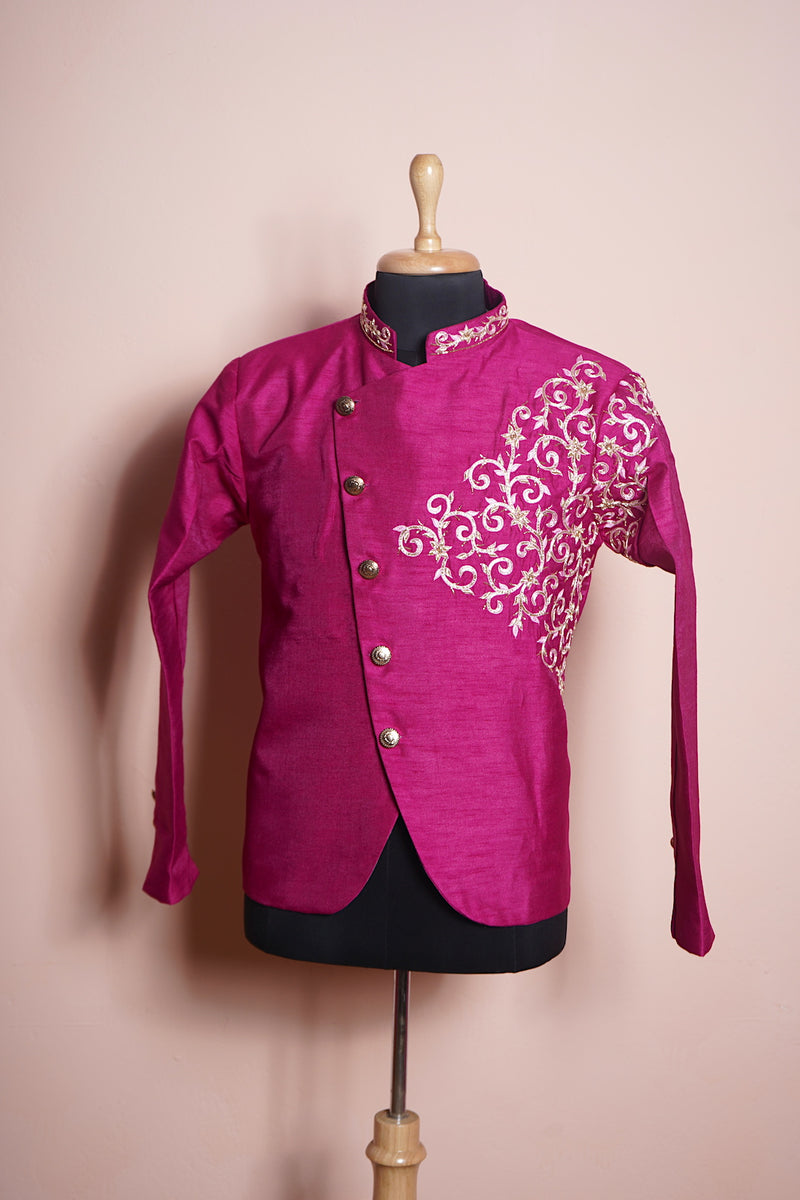 Dark Pink Rawsilk with Speacial Embroidery work in Mens Bridal Suits