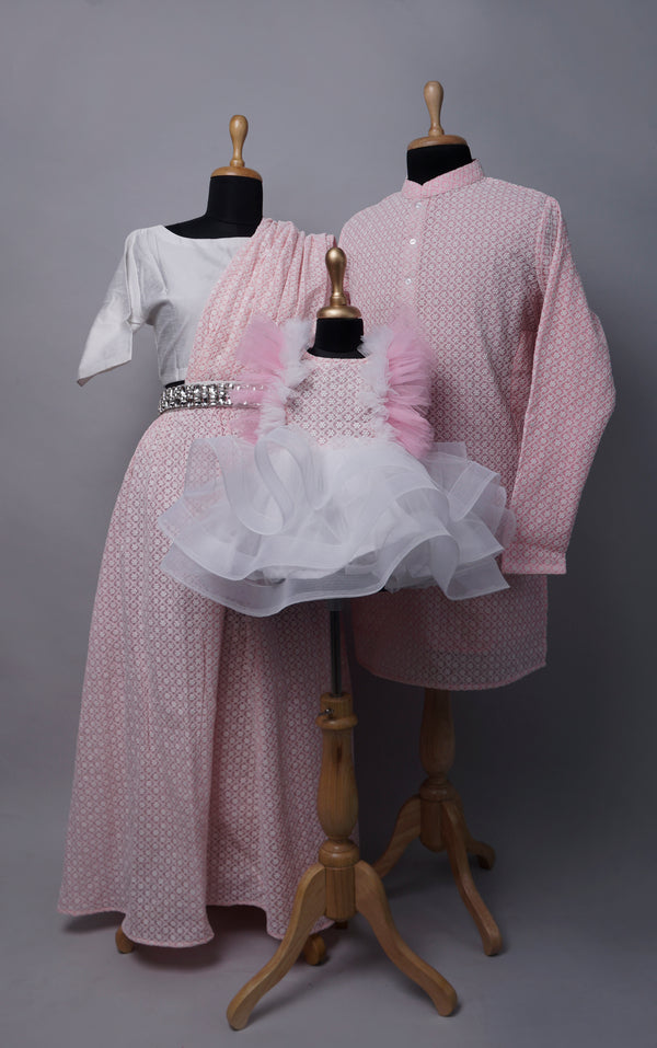 Pink Chikankari with White Family Combo Matching Set